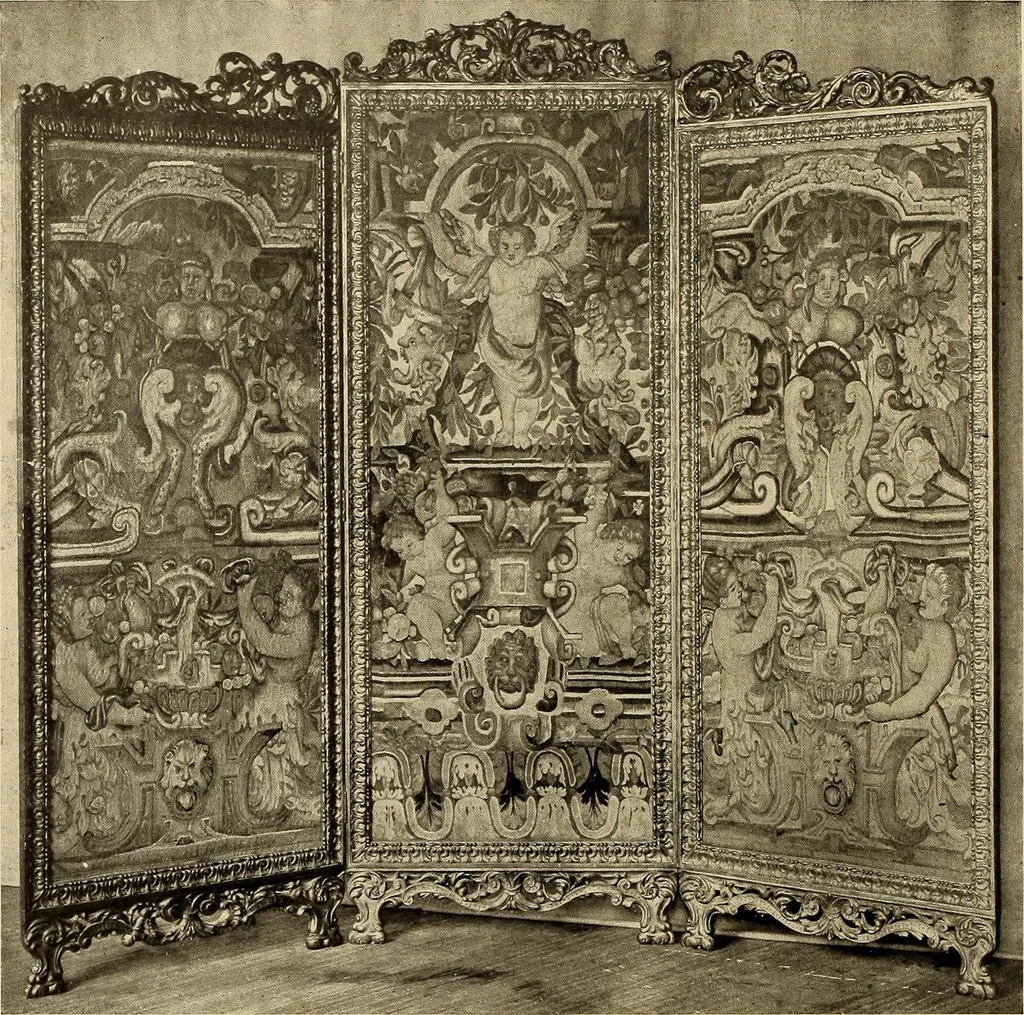 An illustration from Decorative textiles; an illustrated book on coverings for furniture, walls and floors, including damasks, brocades and velvets, tapestries, laces, embroideries, chintzes, cretonnes, drapery and furniture trimmings, wall papers, carpets and rugs, tooled and illuminated leathers, 1918, leaf 345