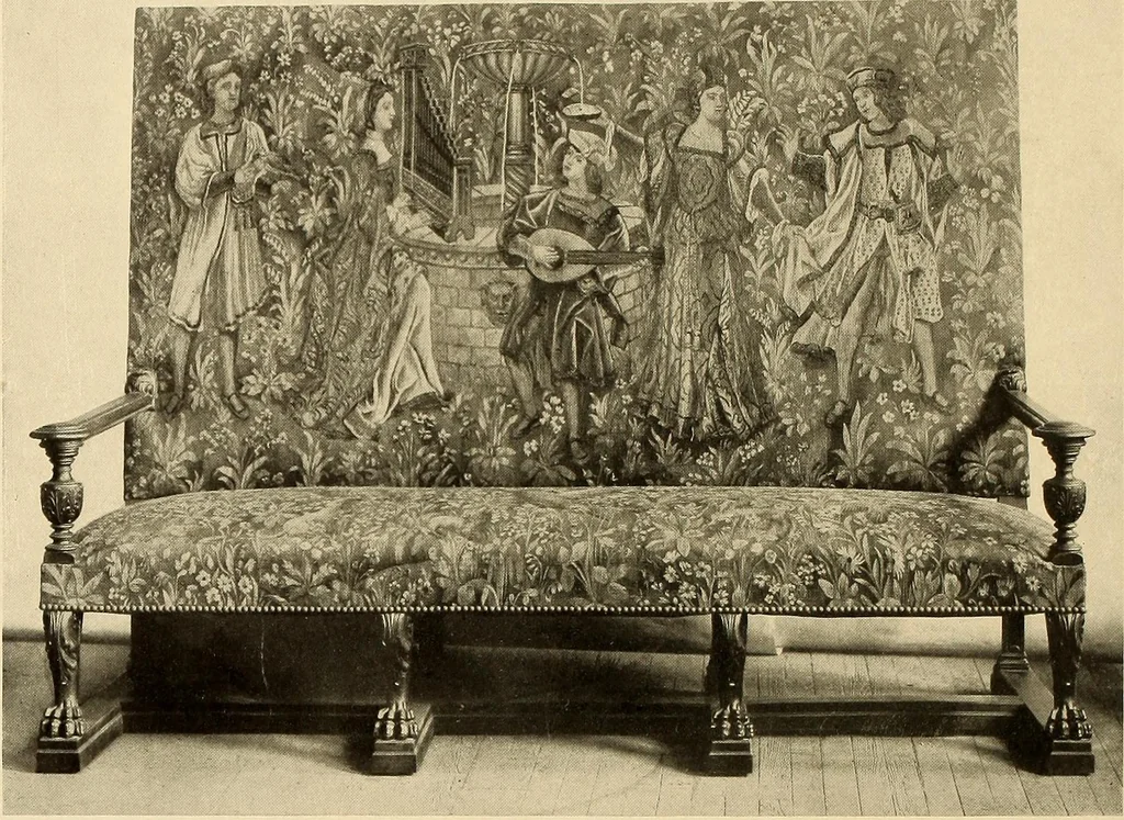 An illustration from Decorative textiles; an illustrated book on coverings for furniture, walls and floors, including damasks, brocades and velvets, tapestries, laces, embroideries, chintzes, cretonnes, drapery and furniture trimmings, wall papers, carpets and rugs, tooled and illuminated leathers, 1918, leaf 347