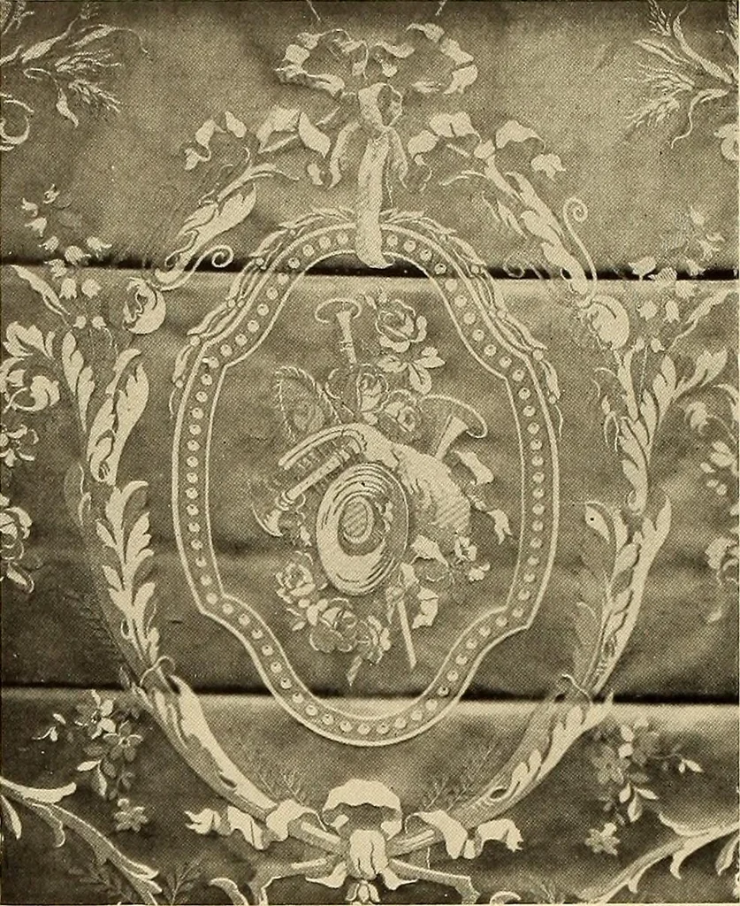 An illustration from Decorative textiles; an illustrated book on coverings for furniture, walls and floors, including damasks, brocades and velvets, tapestries, laces, embroideries, chintzes, cretonnes, drapery and furniture trimmings, wall papers, carpets and rugs, tooled and illuminated leathers, 1918, leaf 35