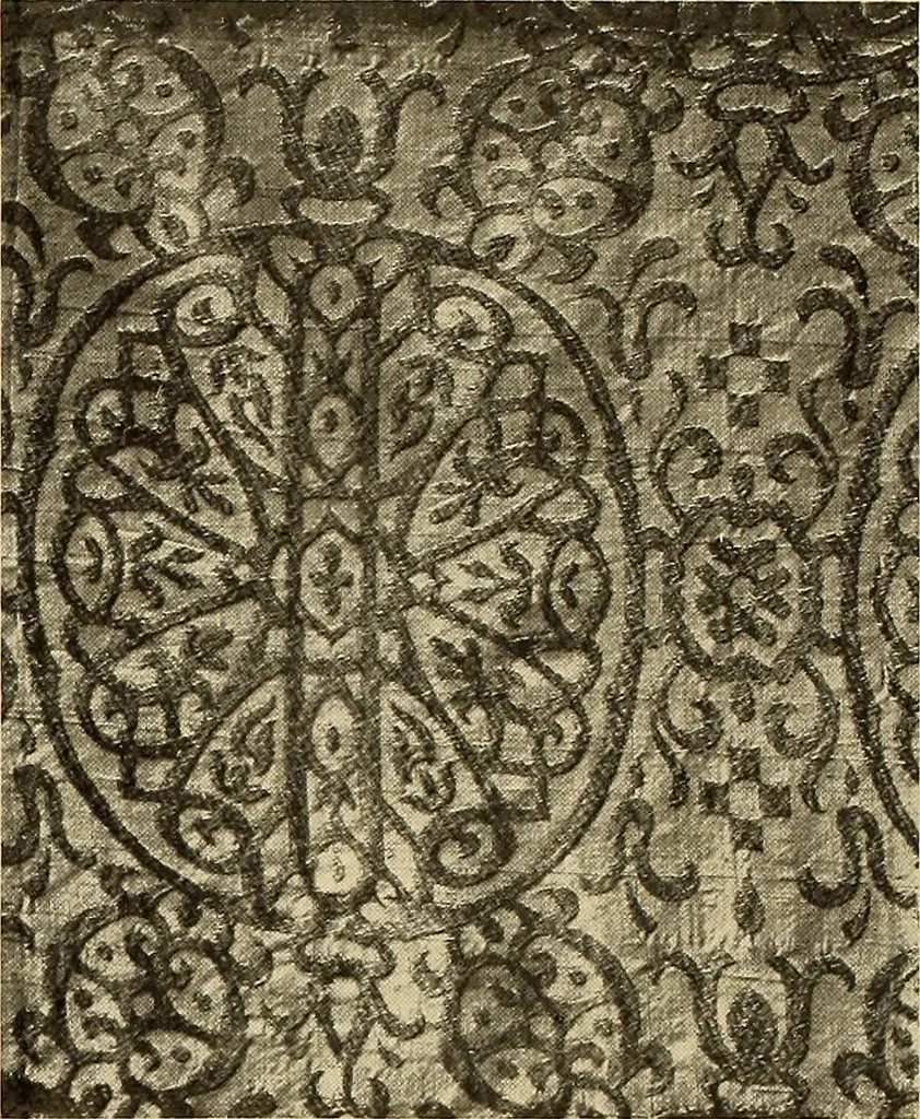 An illustration from Decorative textiles; an illustrated book on coverings for furniture, walls and floors, including damasks, brocades and velvets, tapestries, laces, embroideries, chintzes, cretonnes, drapery and furniture trimmings, wall papers, carpets and rugs, tooled and illuminated leathers, 1918, leaf 35