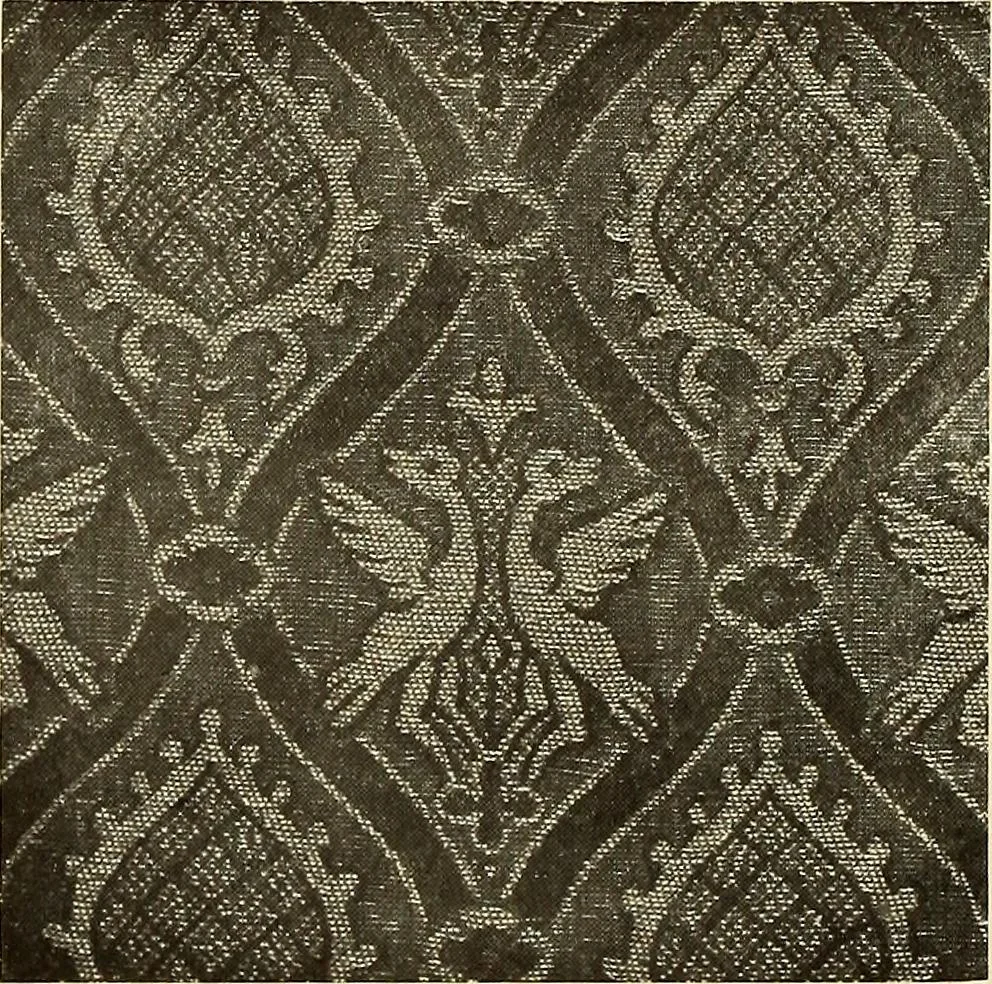 An illustration from Decorative textiles; an illustrated book on coverings for furniture, walls and floors, including damasks, brocades and velvets, tapestries, laces, embroideries, chintzes, cretonnes, drapery and furniture trimmings, wall papers, carpets and rugs, tooled and illuminated leathers, 1918, leaf 35