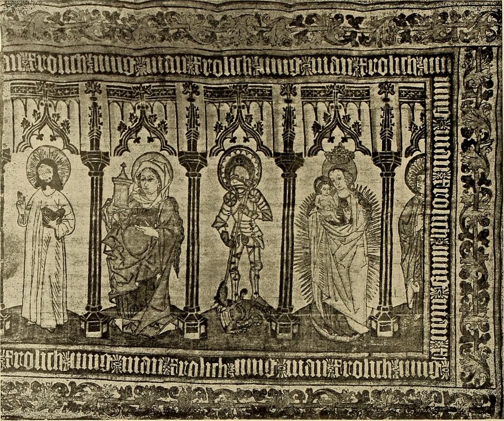 An illustration from Decorative textiles; an illustrated book on coverings for furniture, walls and floors, including damasks, brocades and velvets, tapestries, laces, embroideries, chintzes, cretonnes, drapery and furniture trimmings, wall papers, carpets and rugs, tooled and illuminated leathers, 1918, leaf 353