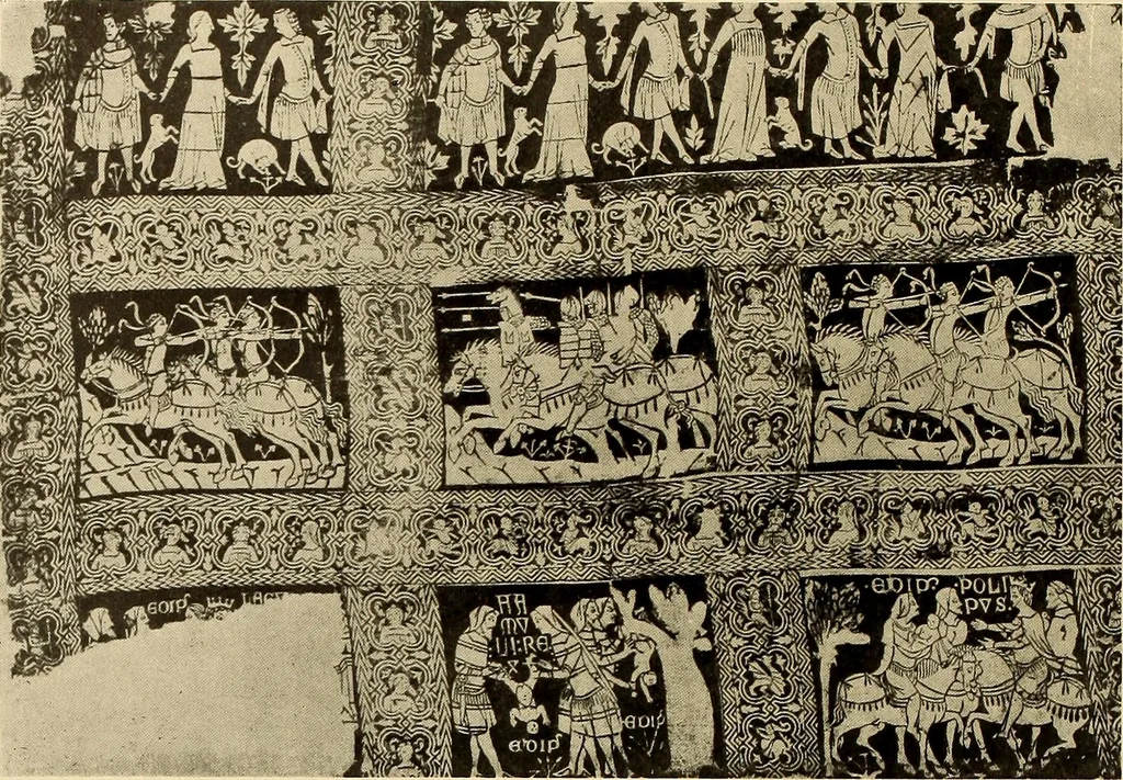 An illustration from Decorative textiles; an illustrated book on coverings for furniture, walls and floors, including damasks, brocades and velvets, tapestries, laces, embroideries, chintzes, cretonnes, drapery and furniture trimmings, wall papers, carpets and rugs, tooled and illuminated leathers, 1918, leaf 355