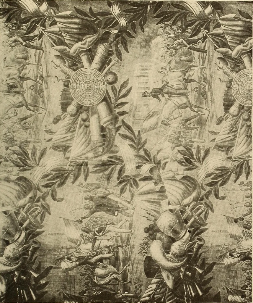 An illustration from Decorative textiles; an illustrated book on coverings for furniture, walls and floors, including damasks, brocades and velvets, tapestries, laces, embroideries, chintzes, cretonnes, drapery and furniture trimmings, wall papers, carpets and rugs, tooled and illuminated leathers, 1918, leaf 372