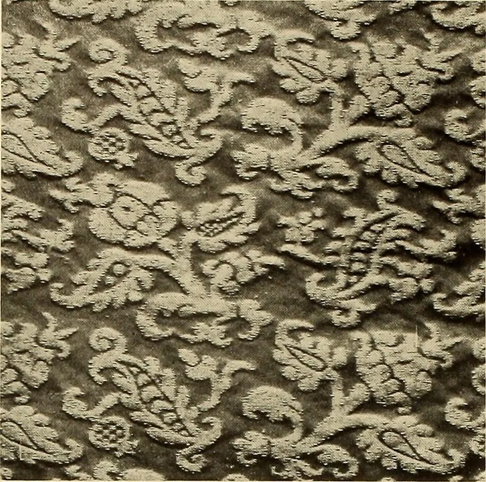 An illustration from Decorative textiles; an illustrated book on coverings for furniture, walls and floors, including damasks, brocades and velvets, tapestries, laces, embroideries, chintzes, cretonnes, drapery and furniture trimmings, wall papers, carpets and rugs, tooled and illuminated leathers, 1918, leaf 39