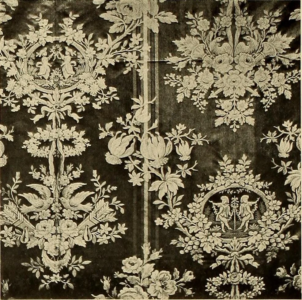 An illustration from Decorative textiles; an illustrated book on coverings for furniture, walls and floors, including damasks, brocades and velvets, tapestries, laces, embroideries, chintzes, cretonnes, drapery and furniture trimmings, wall papers, carpets and rugs, tooled and illuminated leathers, 1918, leaf 39