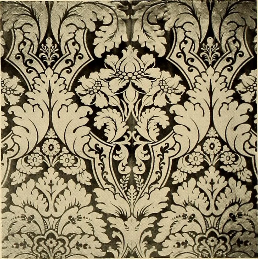 An illustration from Decorative textiles; an illustrated book on coverings for furniture, walls and floors, including damasks, brocades and velvets, tapestries, laces, embroideries, chintzes, cretonnes, drapery and furniture trimmings, wall papers, carpets and rugs, tooled and illuminated leathers, 1918, leaf 39