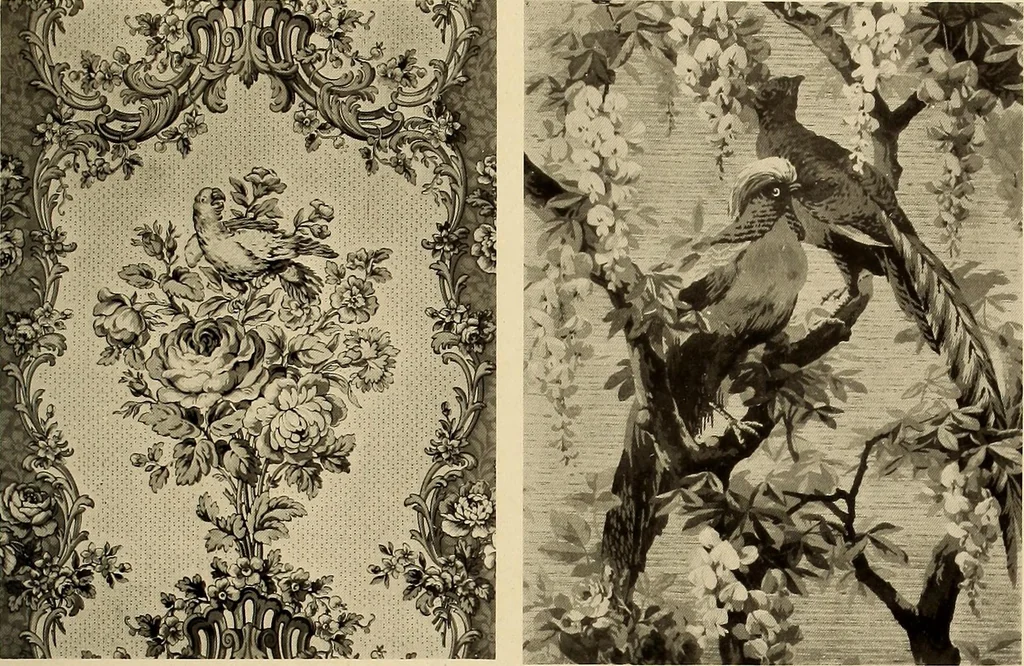 An illustration from Decorative textiles; an illustrated book on coverings for furniture, walls and floors, including damasks, brocades and velvets, tapestries, laces, embroideries, chintzes, cretonnes, drapery and furniture trimmings, wall papers, carpets and rugs, tooled and illuminated leathers, 1918, leaf 394