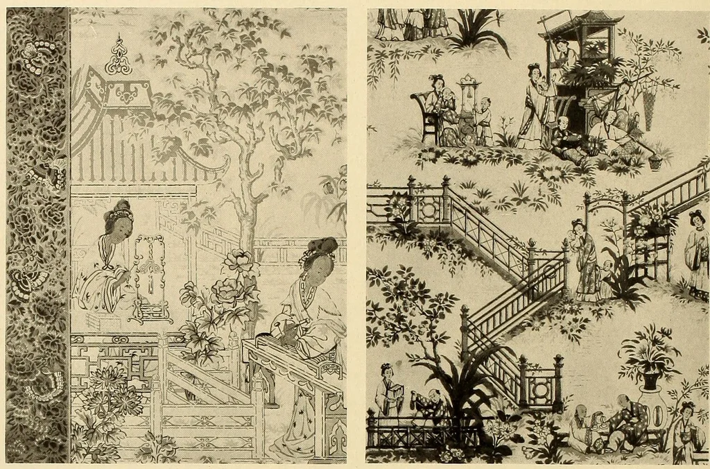 An illustration from Decorative textiles; an illustrated book on coverings for furniture, walls and floors, including damasks, brocades and velvets, tapestries, laces, embroideries, chintzes, cretonnes, drapery and furniture trimmings, wall papers, carpets and rugs, tooled and illuminated leathers, 1918, leaf 395