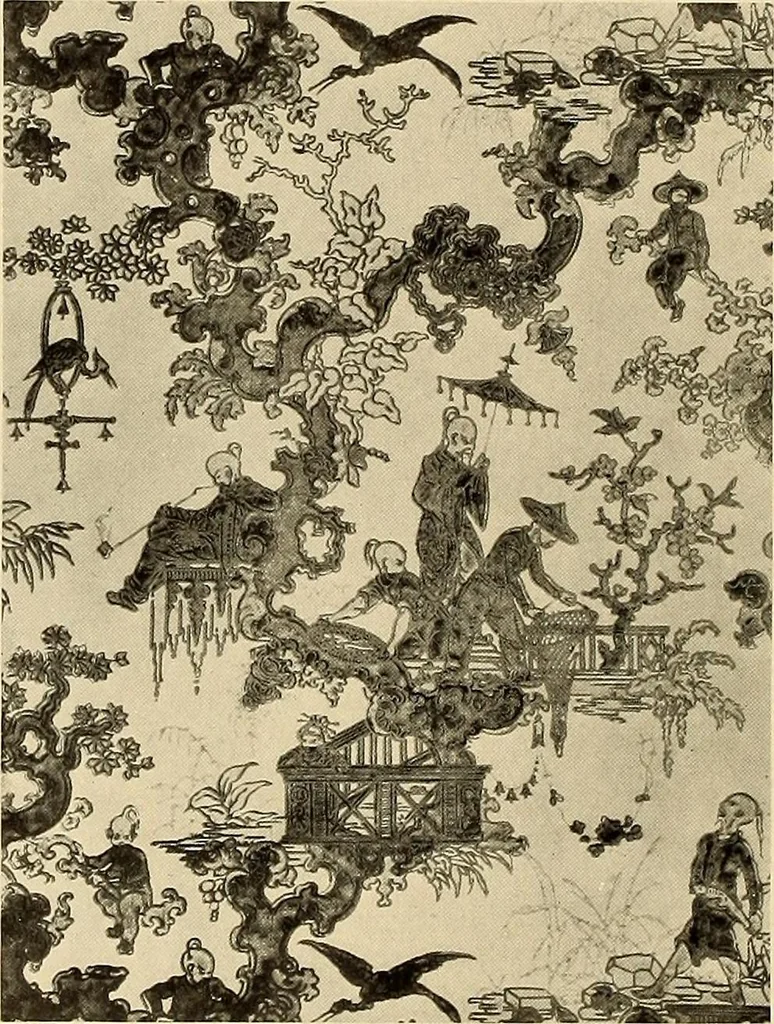 An illustration from Decorative textiles; an illustrated book on coverings for furniture, walls and floors, including damasks, brocades and velvets, tapestries, laces, embroideries, chintzes, cretonnes, drapery and furniture trimmings, wall papers, carpets and rugs, tooled and illuminated leathers, 1918, leaf 395