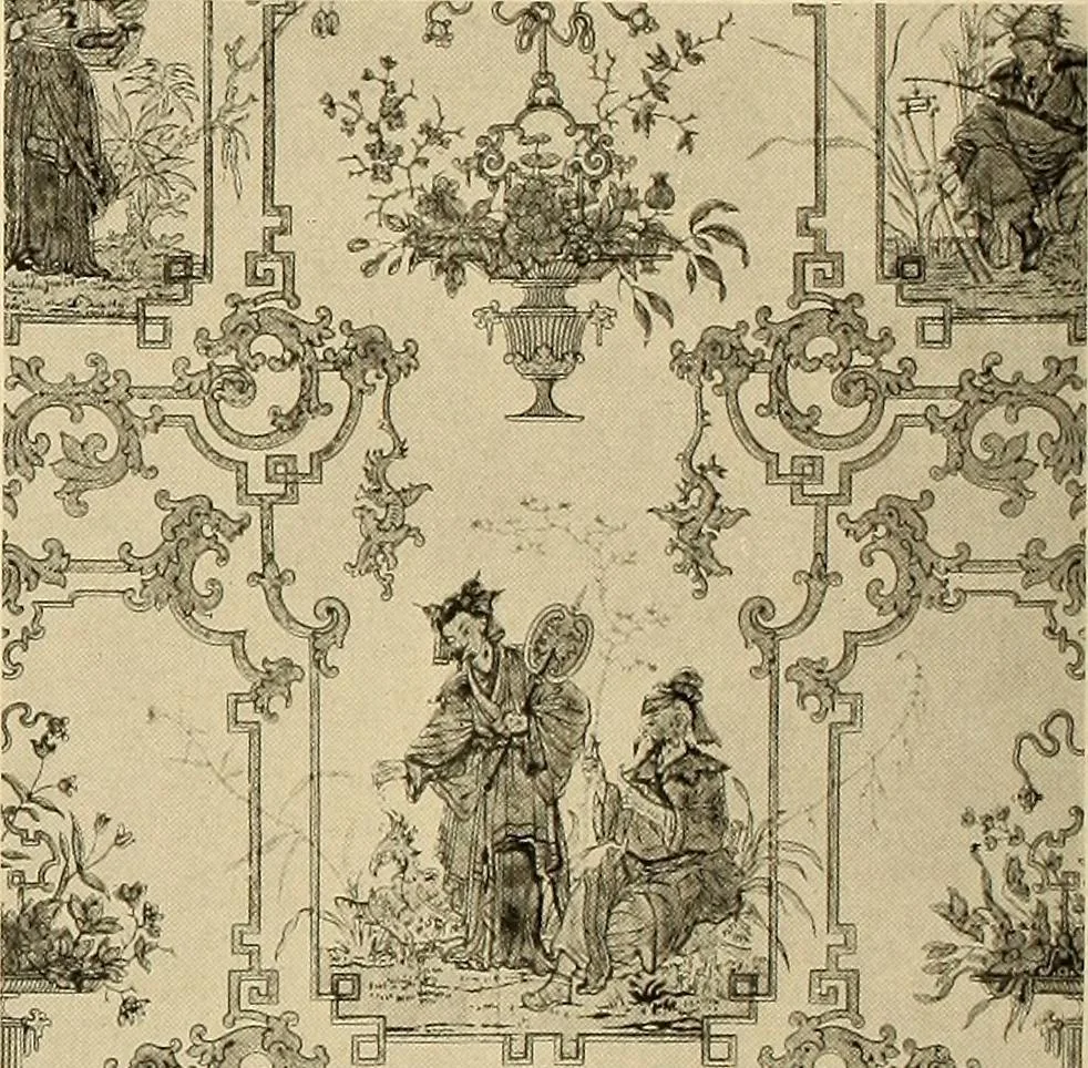 An illustration from Decorative textiles; an illustrated book on coverings for furniture, walls and floors, including damasks, brocades and velvets, tapestries, laces, embroideries, chintzes, cretonnes, drapery and furniture trimmings, wall papers, carpets and rugs, tooled and illuminated leathers, 1918, leaf 395