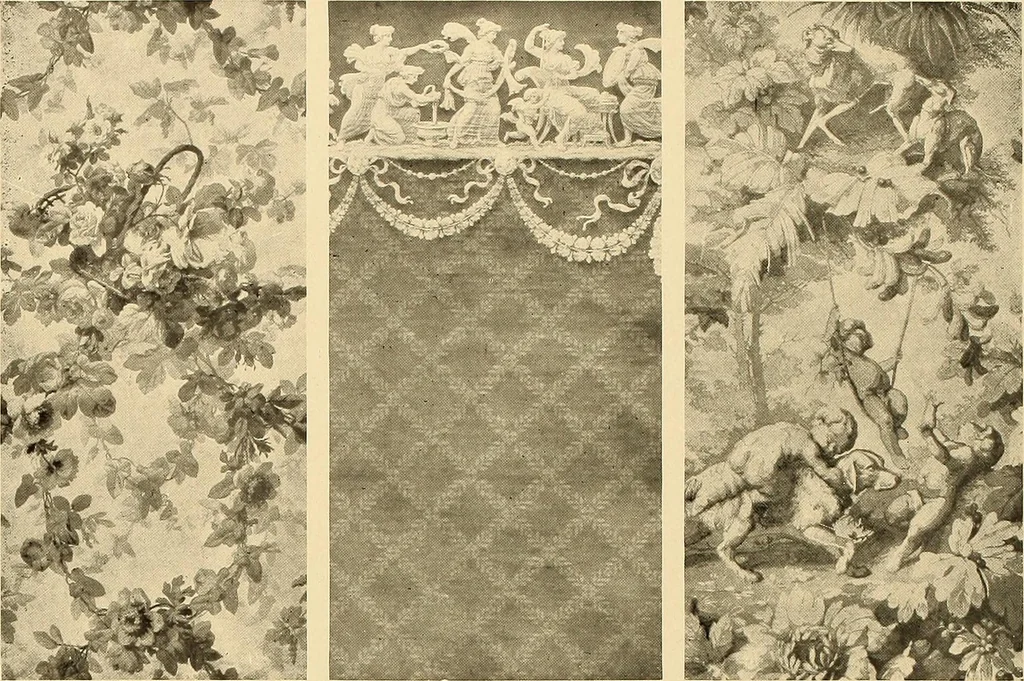 An illustration from Decorative textiles; an illustrated book on coverings for furniture, walls and floors, including damasks, brocades and velvets, tapestries, laces, embroideries, chintzes, cretonnes, drapery and furniture trimmings, wall papers, carpets and rugs, tooled and illuminated leathers, 1918, leaf 399