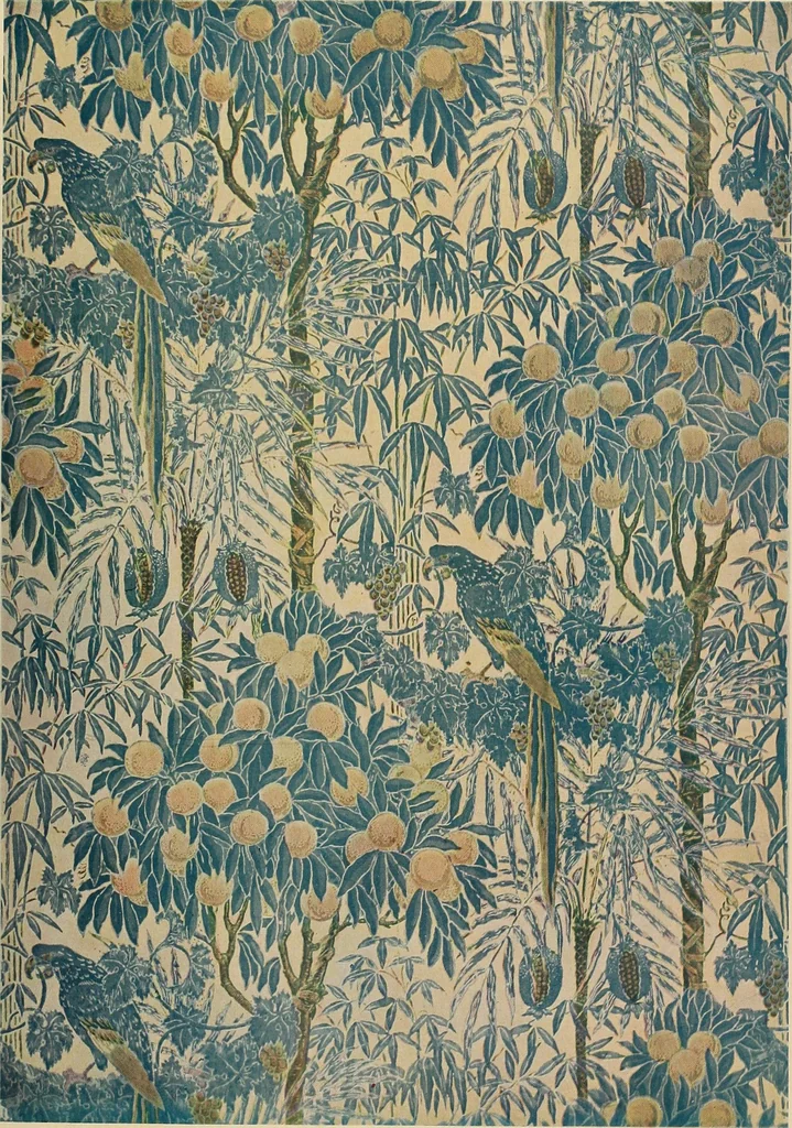 An illustration from Decorative textiles; an illustrated book on coverings for furniture, walls and floors, including damasks, brocades and velvets, tapestries, laces, embroideries, chintzes, cretonnes, drapery and furniture trimmings, wall papers, carpets and rugs, tooled and illuminated leathers, 1918, leaf 402