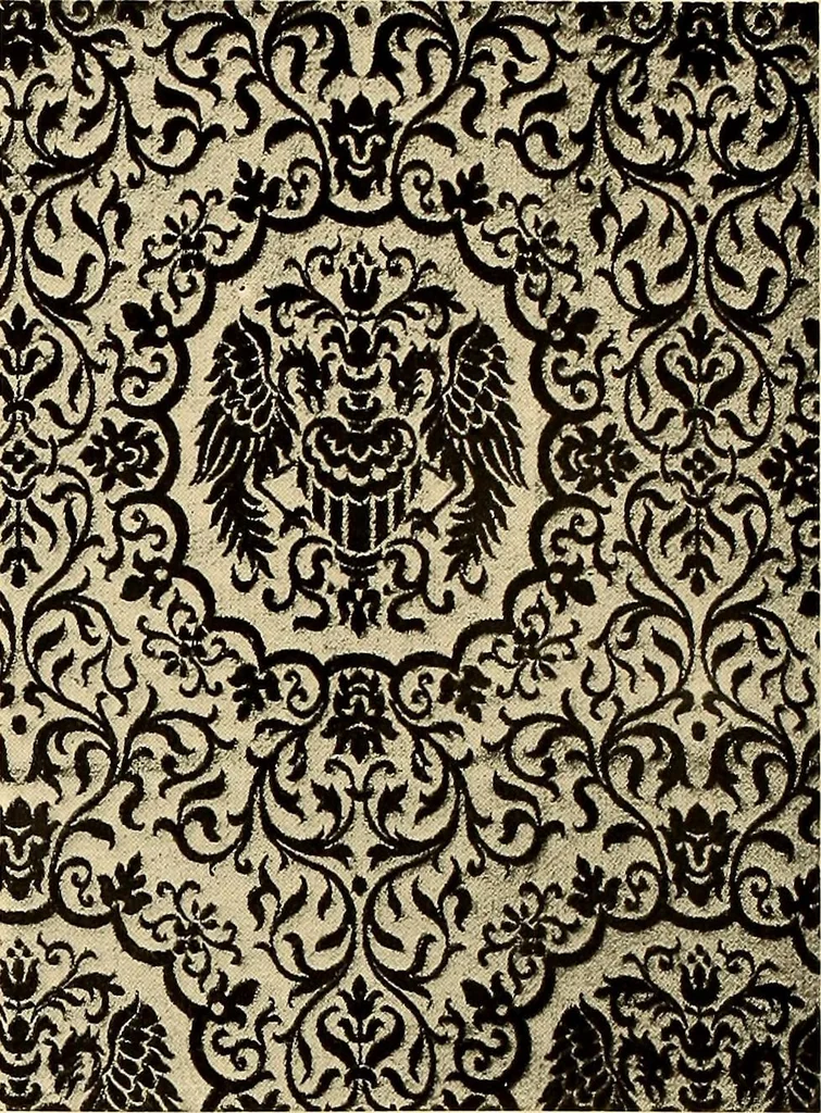 An illustration from Decorative textiles; an illustrated book on coverings for furniture, walls and floors, including damasks, brocades and velvets, tapestries, laces, embroideries, chintzes, cretonnes, drapery and furniture trimmings, wall papers, carpets and rugs, tooled and illuminated leathers, 1918, leaf 41