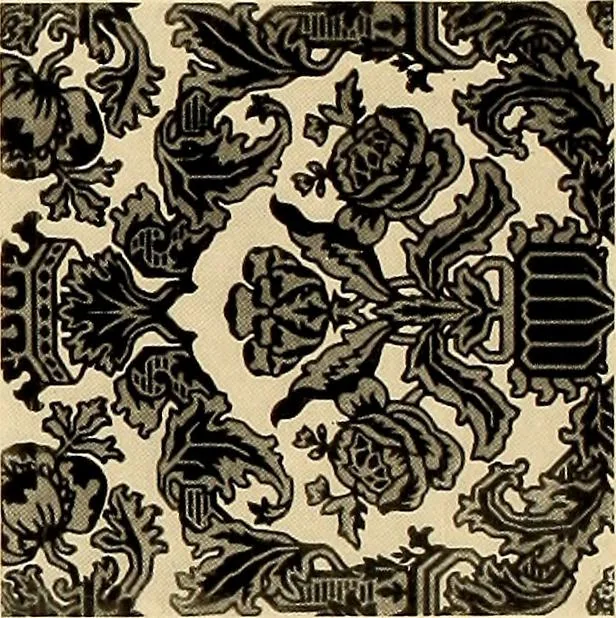 An illustration from Decorative textiles; an illustrated book on coverings for furniture, walls and floors, including damasks, brocades and velvets, tapestries, laces, embroideries, chintzes, cretonnes, drapery and furniture trimmings, wall papers, carpets and rugs, tooled and illuminated leathers, 1918, leaf 415