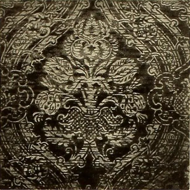 An illustration from Decorative textiles; an illustrated book on coverings for furniture, walls and floors, including damasks, brocades and velvets, tapestries, laces, embroideries, chintzes, cretonnes, drapery and furniture trimmings, wall papers, carpets and rugs, tooled and illuminated leathers, 1918, leaf 417