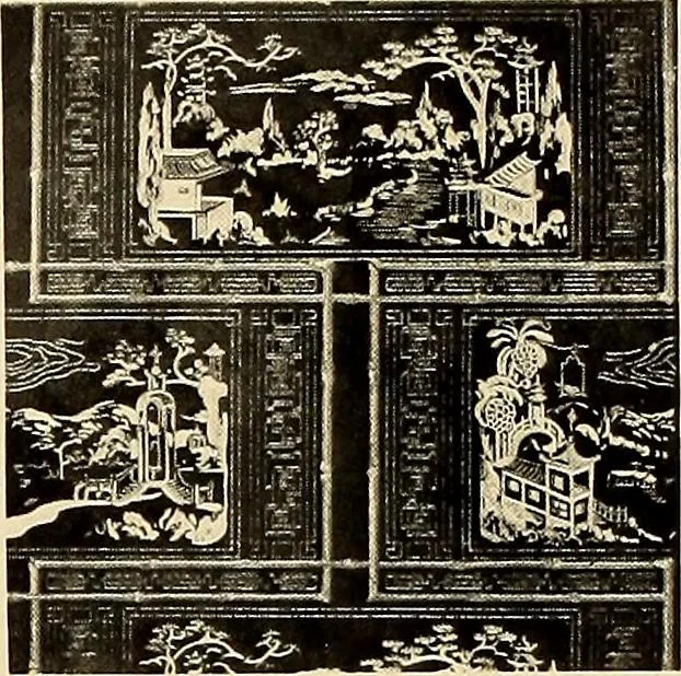 An illustration from Decorative textiles; an illustrated book on coverings for furniture, walls and floors, including damasks, brocades and velvets, tapestries, laces, embroideries, chintzes, cretonnes, drapery and furniture trimmings, wall papers, carpets and rugs, tooled and illuminated leathers, 1918, leaf 417