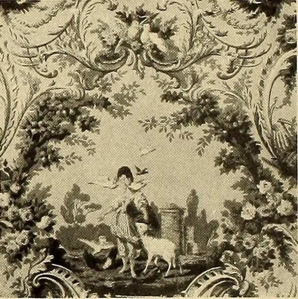 An illustration from Decorative textiles; an illustrated book on coverings for furniture, walls and floors, including damasks, brocades and velvets, tapestries, laces, embroideries, chintzes, cretonnes, drapery and furniture trimmings, wall papers, carpets and rugs, tooled and illuminated leathers, 1918, leaf 417