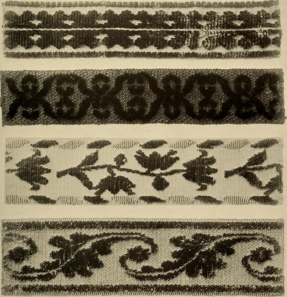 An illustration from Decorative textiles; an illustrated book on coverings for furniture, walls and floors, including damasks, brocades and velvets, tapestries, laces, embroideries, chintzes, cretonnes, drapery and furniture trimmings, wall papers, carpets and rugs, tooled and illuminated leathers, 1918, leaf 426