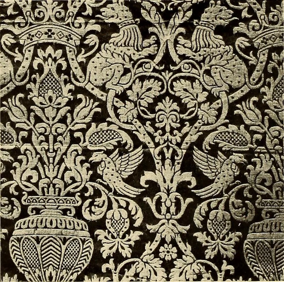 An illustration from Decorative textiles; an illustrated book on coverings for furniture, walls and floors, including damasks, brocades and velvets, tapestries, laces, embroideries, chintzes, cretonnes, drapery and furniture trimmings, wall papers, carpets and rugs, tooled and illuminated leathers, 1918, leaf 43