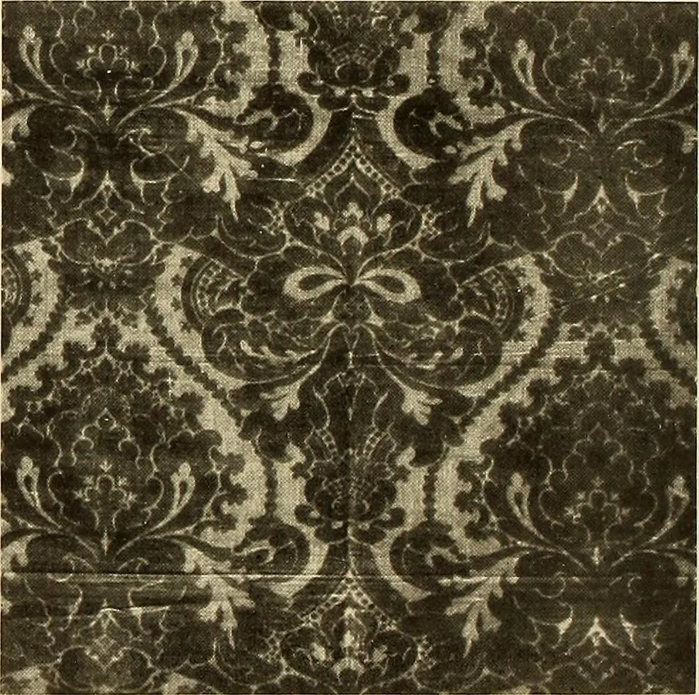 An illustration from Decorative textiles; an illustrated book on coverings for furniture, walls and floors, including damasks, brocades and velvets, tapestries, laces, embroideries, chintzes, cretonnes, drapery and furniture trimmings, wall papers, carpets and rugs, tooled and illuminated leathers, 1918, leaf 43