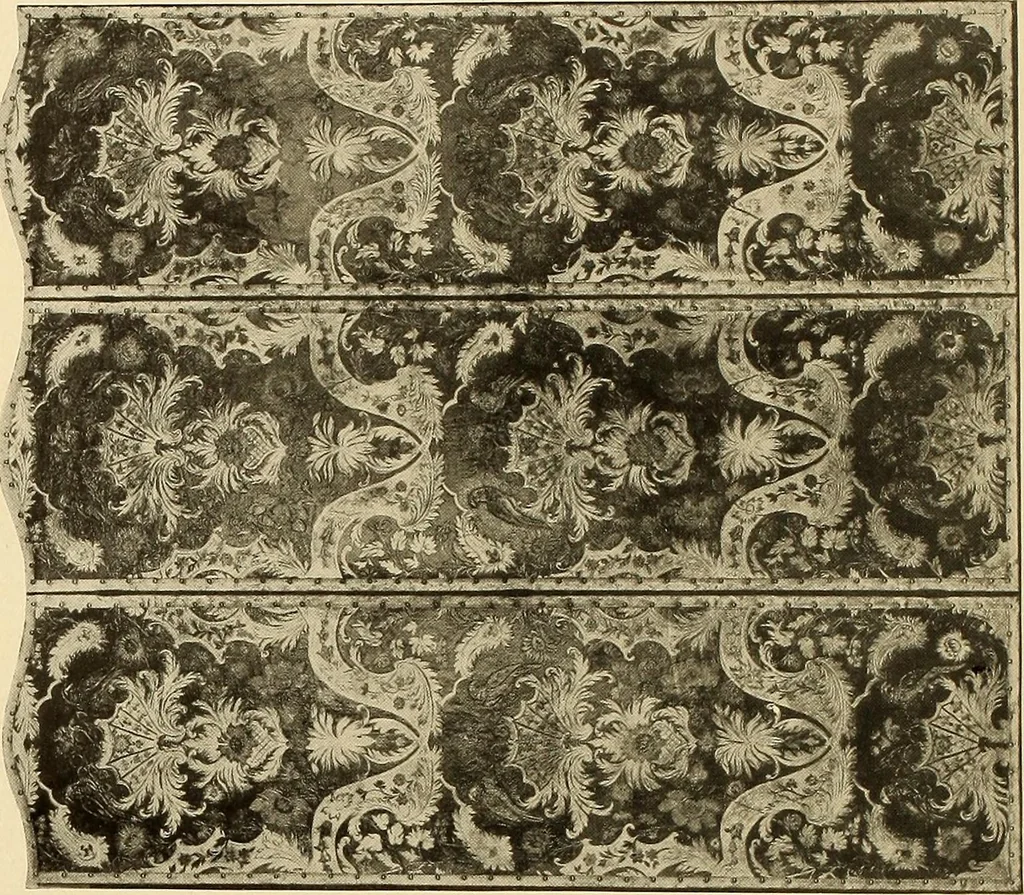 An illustration from Decorative textiles; an illustrated book on coverings for furniture, walls and floors, including damasks, brocades and velvets, tapestries, laces, embroideries, chintzes, cretonnes, drapery and furniture trimmings, wall papers, carpets and rugs, tooled and illuminated leathers, 1918, leaf 463