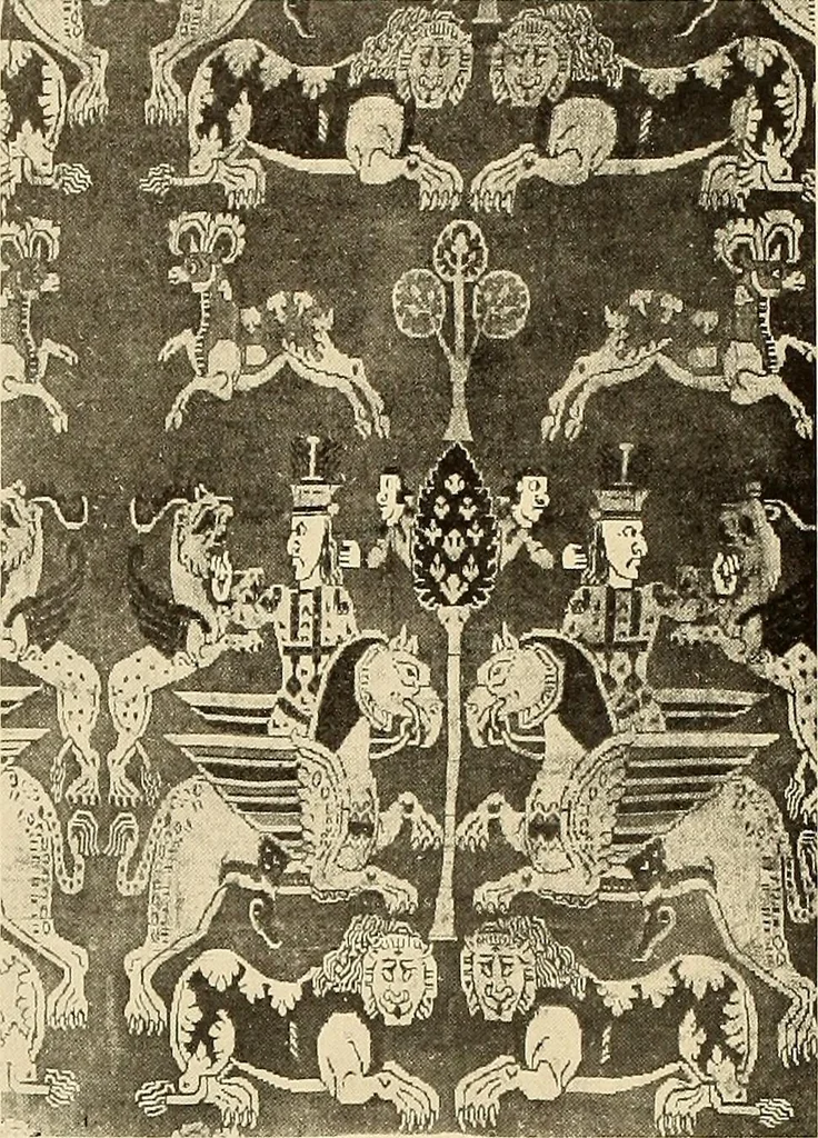 An illustration from Decorative textiles; an illustrated book on coverings for furniture, walls and floors, including damasks, brocades and velvets, tapestries, laces, embroideries, chintzes, cretonnes, drapery and furniture trimmings, wall papers, carpets and rugs, tooled and illuminated leathers, 1918, leaf 47