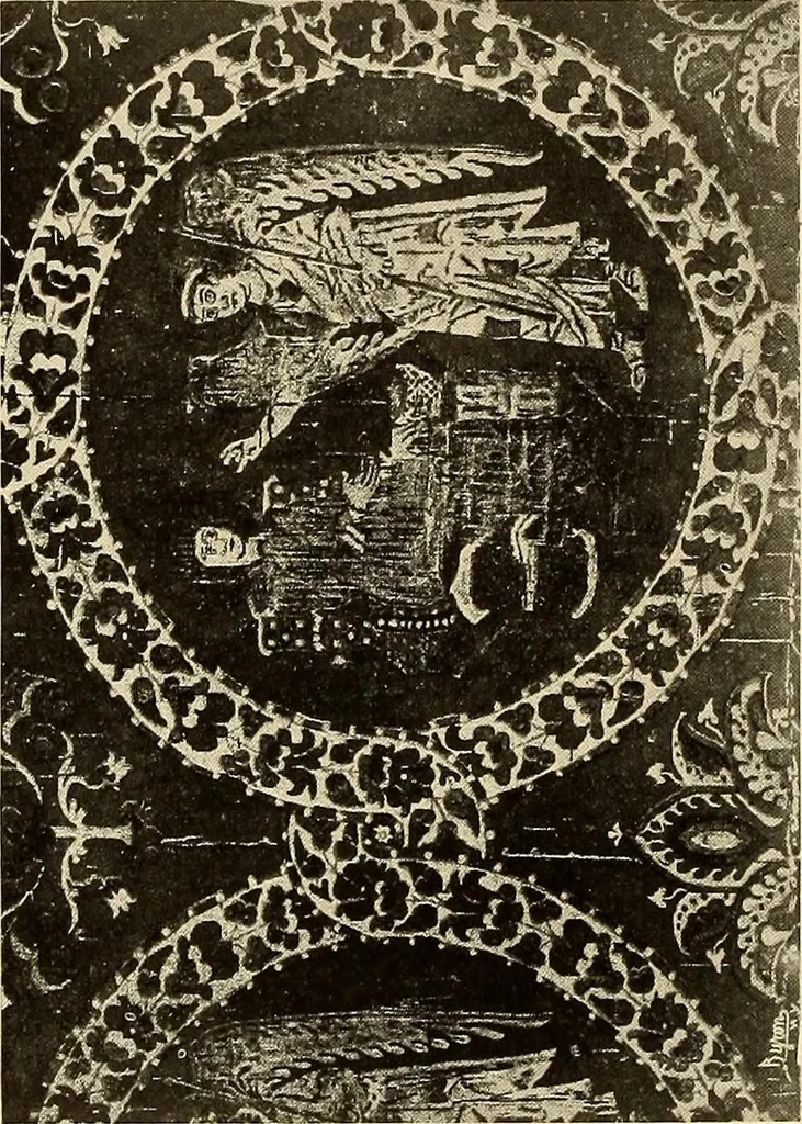 An illustration from Decorative textiles; an illustrated book on coverings for furniture, walls and floors, including damasks, brocades and velvets, tapestries, laces, embroideries, chintzes, cretonnes, drapery and furniture trimmings, wall papers, carpets and rugs, tooled and illuminated leathers, 1918, leaf 51