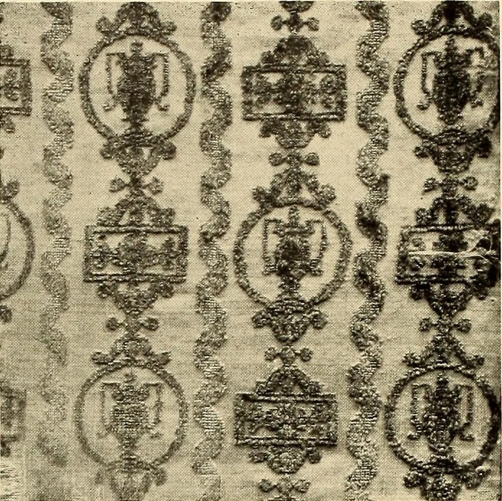 An illustration from Decorative textiles; an illustrated book on coverings for furniture, walls and floors, including damasks, brocades and velvets, tapestries, laces, embroideries, chintzes, cretonnes, drapery and furniture trimmings, wall papers, carpets and rugs, tooled and illuminated leathers, 1918, leaf 55