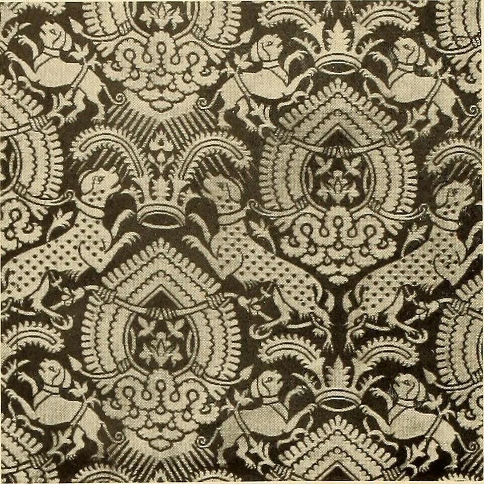 An illustration from Decorative textiles; an illustrated book on coverings for furniture, walls and floors, including damasks, brocades and velvets, tapestries, laces, embroideries, chintzes, cretonnes, drapery and furniture trimmings, wall papers, carpets and rugs, tooled and illuminated leathers, 1918, leaf 61