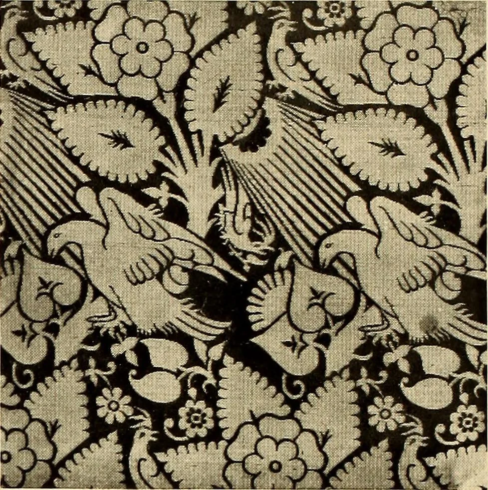 An illustration from Decorative textiles; an illustrated book on coverings for furniture, walls and floors, including damasks, brocades and velvets, tapestries, laces, embroideries, chintzes, cretonnes, drapery and furniture trimmings, wall papers, carpets and rugs, tooled and illuminated leathers, 1918, leaf 61