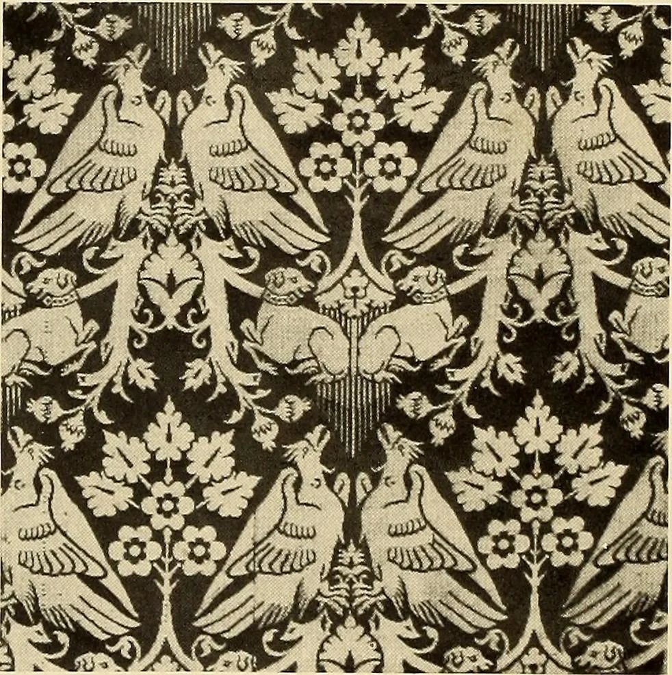 An illustration from Decorative textiles; an illustrated book on coverings for furniture, walls and floors, including damasks, brocades and velvets, tapestries, laces, embroideries, chintzes, cretonnes, drapery and furniture trimmings, wall papers, carpets and rugs, tooled and illuminated leathers, 1918, leaf 61