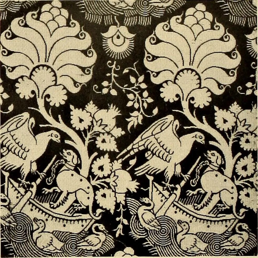 An illustration from Decorative textiles; an illustrated book on coverings for furniture, walls and floors, including damasks, brocades and velvets, tapestries, laces, embroideries, chintzes, cretonnes, drapery and furniture trimmings, wall papers, carpets and rugs, tooled and illuminated leathers, 1918, leaf 61