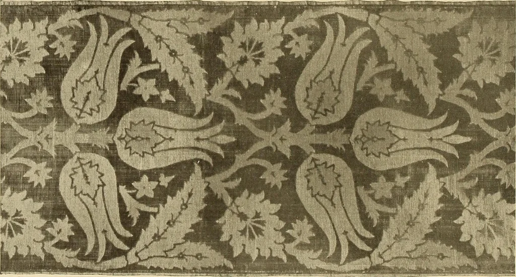 An illustration from Decorative textiles; an illustrated book on coverings for furniture, walls and floors, including damasks, brocades and velvets, tapestries, laces, embroideries, chintzes, cretonnes, drapery and furniture trimmings, wall papers, carpets and rugs, tooled and illuminated leathers, 1918, leaf 63