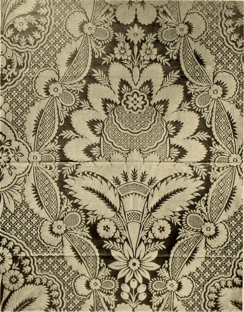 An illustration from Decorative textiles; an illustrated book on coverings for furniture, walls and floors, including damasks, brocades and velvets, tapestries, laces, embroideries, chintzes, cretonnes, drapery and furniture trimmings, wall papers, carpets and rugs, tooled and illuminated leathers, 1918, leaf 69