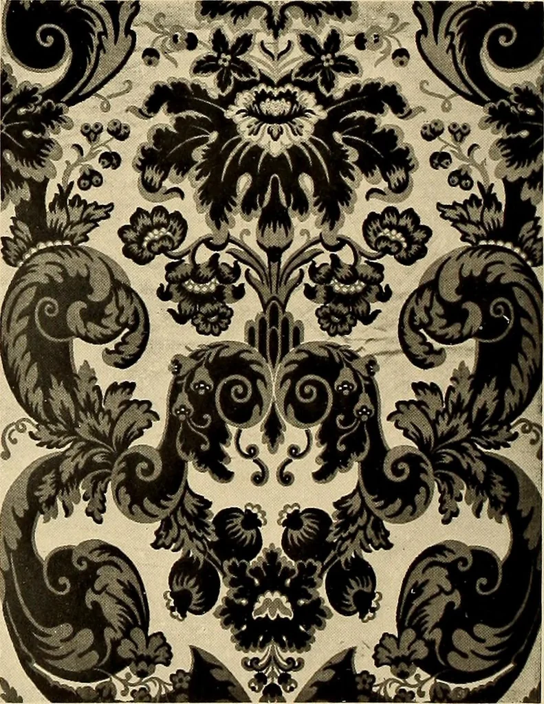 An illustration from Decorative textiles; an illustrated book on coverings for furniture, walls and floors, including damasks, brocades and velvets, tapestries, laces, embroideries, chintzes, cretonnes, drapery and furniture trimmings, wall papers, carpets and rugs, tooled and illuminated leathers, 1918, leaf 69