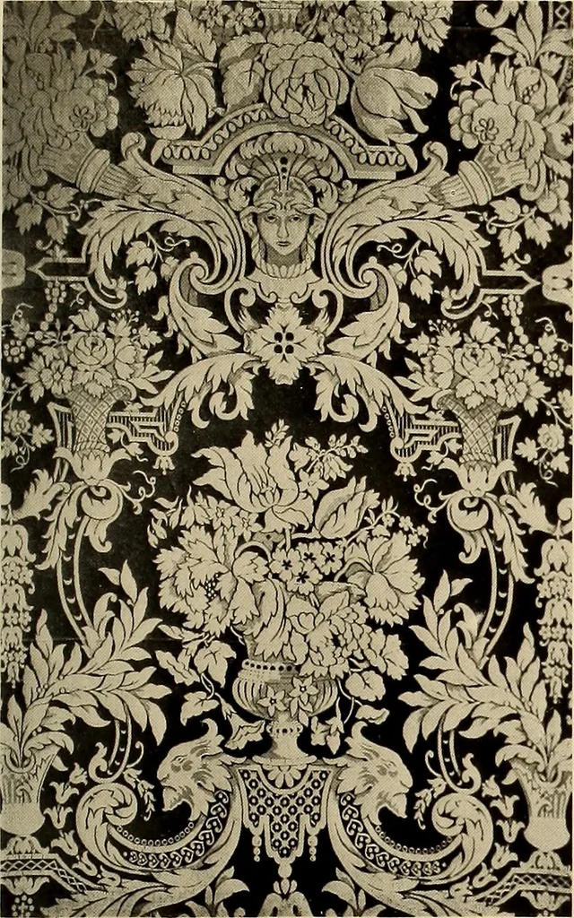 An illustration from Decorative textiles; an illustrated book on coverings for furniture, walls and floors, including damasks, brocades and velvets, tapestries, laces, embroideries, chintzes, cretonnes, drapery and furniture trimmings, wall papers, carpets and rugs, tooled and illuminated leathers, 1918, leaf 70