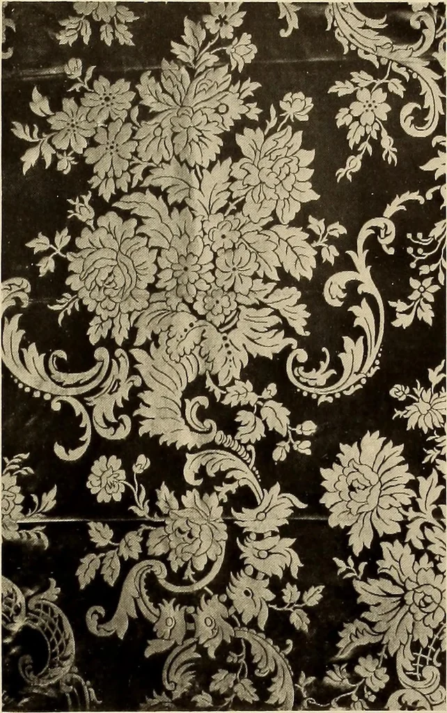 An illustration from Decorative textiles; an illustrated book on coverings for furniture, walls and floors, including damasks, brocades and velvets, tapestries, laces, embroideries, chintzes, cretonnes, drapery and furniture trimmings, wall papers, carpets and rugs, tooled and illuminated leathers, 1918, leaf 70