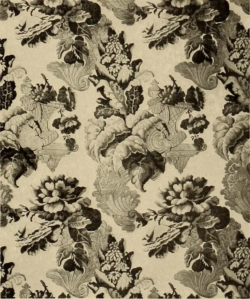 An illustration from Decorative textiles; an illustrated book on coverings for furniture, walls and floors, including damasks, brocades and velvets, tapestries, laces, embroideries, chintzes, cretonnes, drapery and furniture trimmings, wall papers, carpets and rugs, tooled and illuminated leathers, 1918, leaf 70