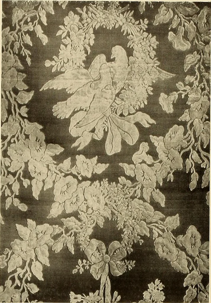 An illustration from Decorative textiles; an illustrated book on coverings for furniture, walls and floors, including damasks, brocades and velvets, tapestries, laces, embroideries, chintzes, cretonnes, drapery and furniture trimmings, wall papers, carpets and rugs, tooled and illuminated leathers, 1918, leaf 71