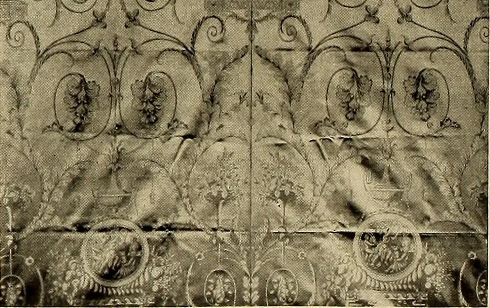 An illustration from Decorative textiles; an illustrated book on coverings for furniture, walls and floors, including damasks, brocades and velvets, tapestries, laces, embroideries, chintzes, cretonnes, drapery and furniture trimmings, wall papers, carpets and rugs, tooled and illuminated leathers, 1918, leaf 71