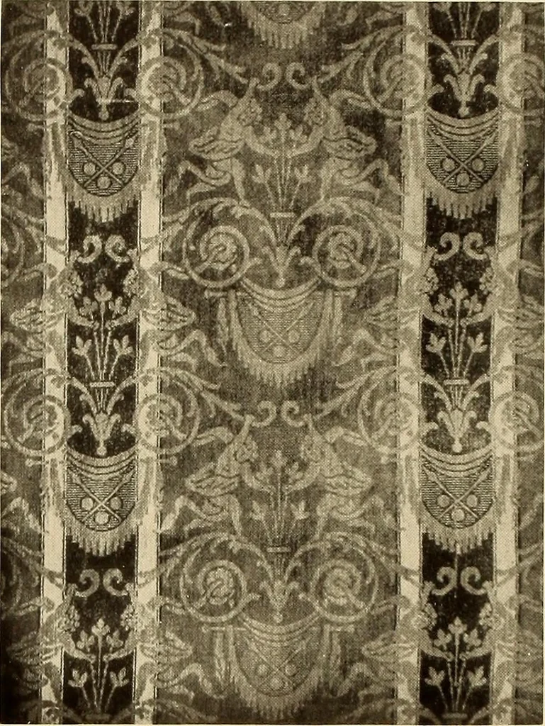 An illustration from Decorative textiles; an illustrated book on coverings for furniture, walls and floors, including damasks, brocades and velvets, tapestries, laces, embroideries, chintzes, cretonnes, drapery and furniture trimmings, wall papers, carpets and rugs, tooled and illuminated leathers, 1918, leaf 73