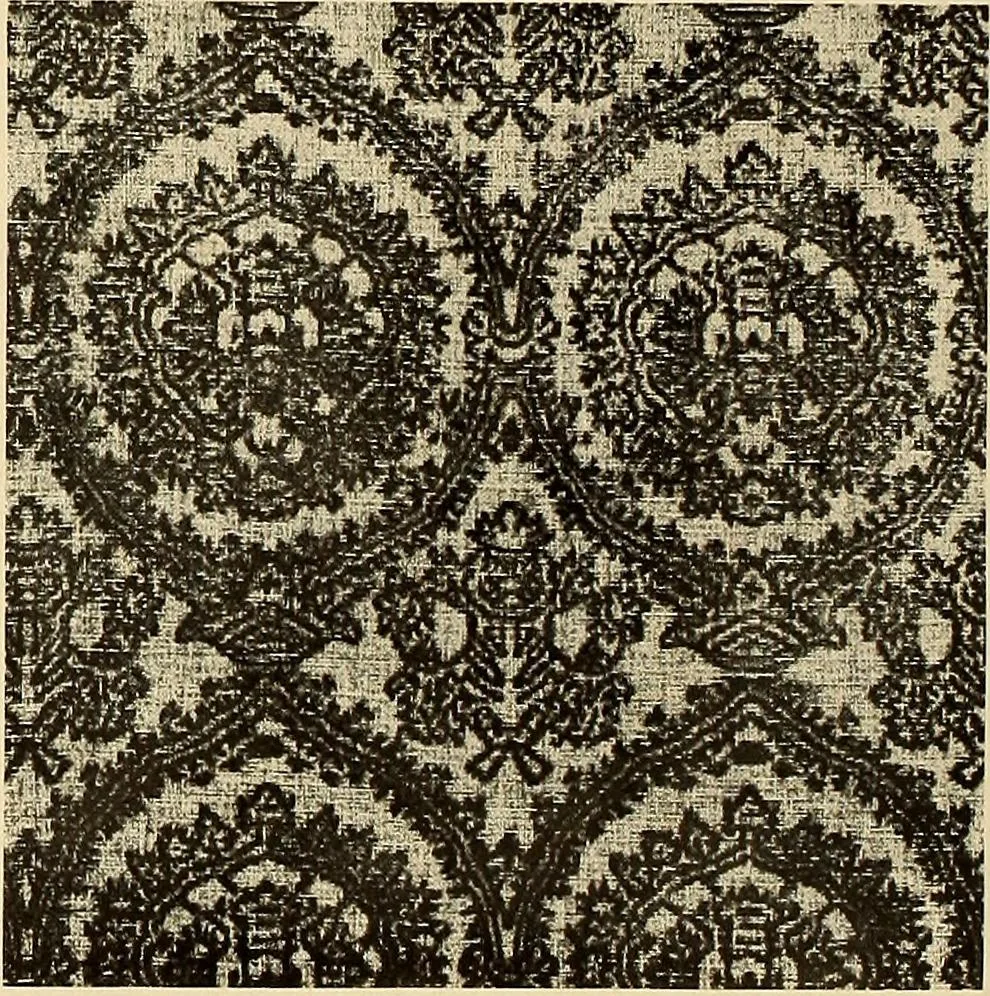 An illustration from Decorative textiles; an illustrated book on coverings for furniture, walls and floors, including damasks, brocades and velvets, tapestries, laces, embroideries, chintzes, cretonnes, drapery and furniture trimmings, wall papers, carpets and rugs, tooled and illuminated leathers, 1918, leaf 73