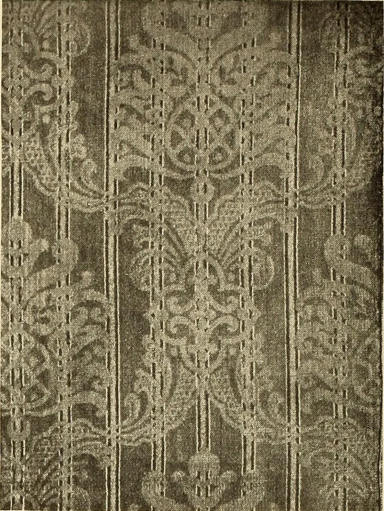 An illustration from Decorative textiles; an illustrated book on coverings for furniture, walls and floors, including damasks, brocades and velvets, tapestries, laces, embroideries, chintzes, cretonnes, drapery and furniture trimmings, wall papers, carpets and rugs, tooled and illuminated leathers, 1918, leaf 77