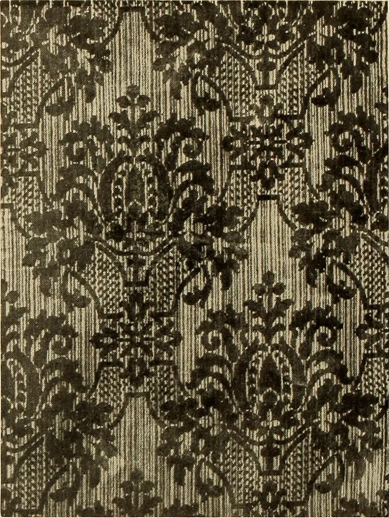 An illustration from Decorative textiles; an illustrated book on coverings for furniture, walls and floors, including damasks, brocades and velvets, tapestries, laces, embroideries, chintzes, cretonnes, drapery and furniture trimmings, wall papers, carpets and rugs, tooled and illuminated leathers, 1918, leaf 77
