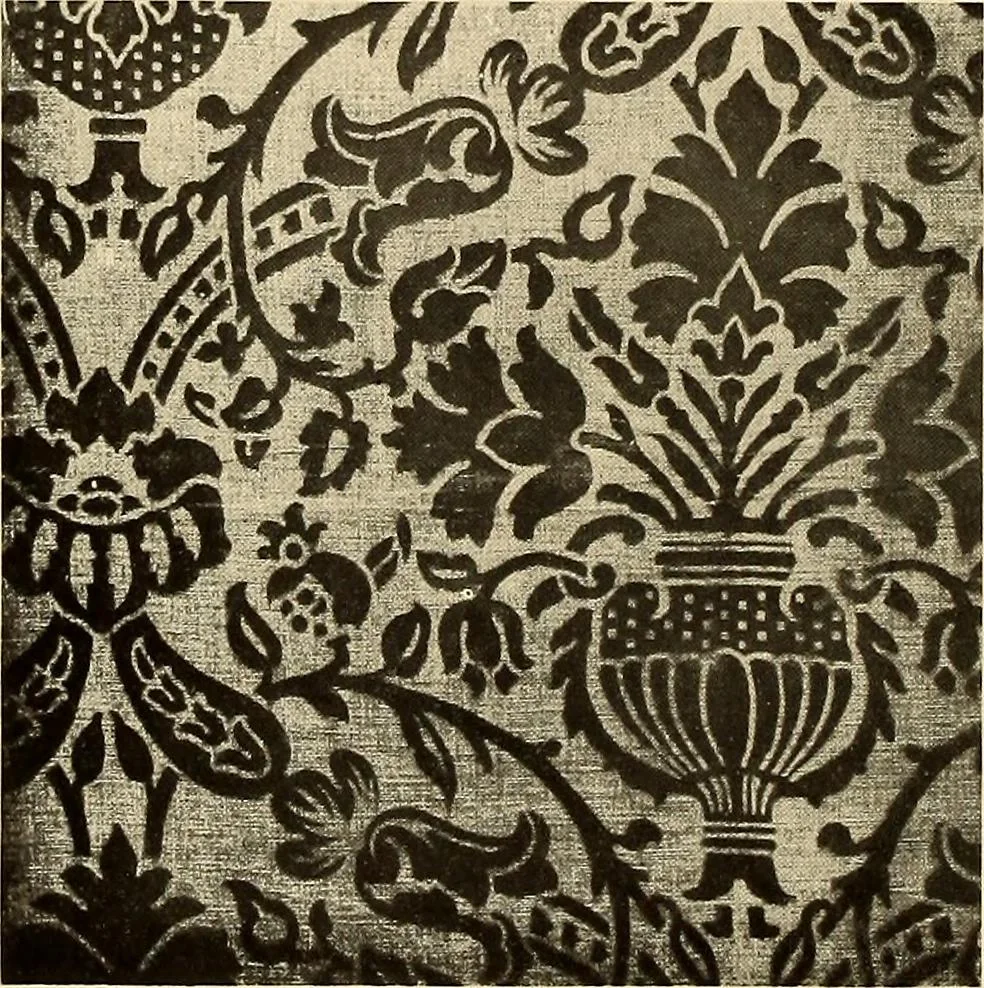 An illustration from Decorative textiles; an illustrated book on coverings for furniture, walls and floors, including damasks, brocades and velvets, tapestries, laces, embroideries, chintzes, cretonnes, drapery and furniture trimmings, wall papers, carpets and rugs, tooled and illuminated leathers, 1918, leaf 77