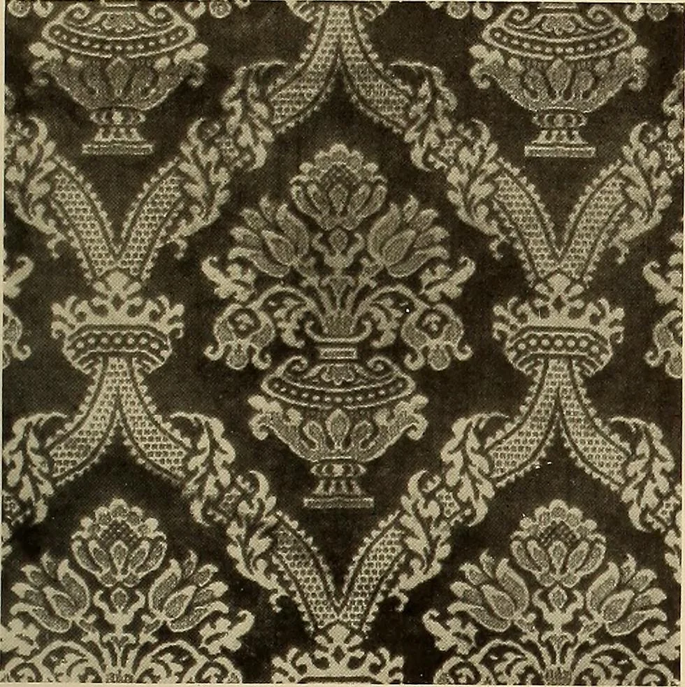 An illustration from Decorative textiles; an illustrated book on coverings for furniture, walls and floors, including damasks, brocades and velvets, tapestries, laces, embroideries, chintzes, cretonnes, drapery and furniture trimmings, wall papers, carpets and rugs, tooled and illuminated leathers, 1918, leaf 78