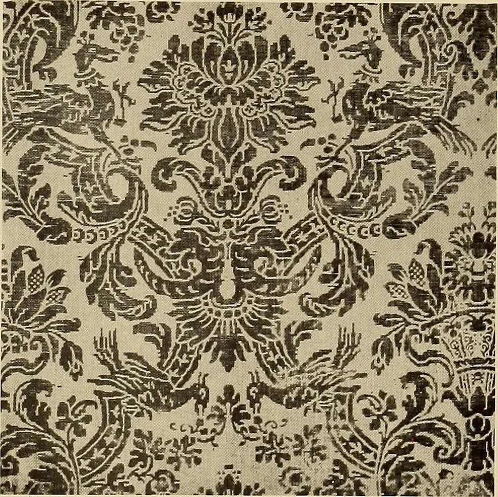 An illustration from Decorative textiles; an illustrated book on coverings for furniture, walls and floors, including damasks, brocades and velvets, tapestries, laces, embroideries, chintzes, cretonnes, drapery and furniture trimmings, wall papers, carpets and rugs, tooled and illuminated leathers, 1918, leaf 78