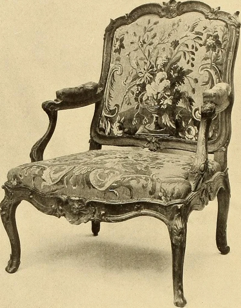 An illustration from Decorative textiles; an illustrated book on coverings for furniture, walls and floors, including damasks, brocades and velvets, tapestries, laces, embroideries, chintzes, cretonnes, drapery and furniture trimmings, wall papers, carpets and rugs, tooled and illuminated leathers, 1918, leaf 79