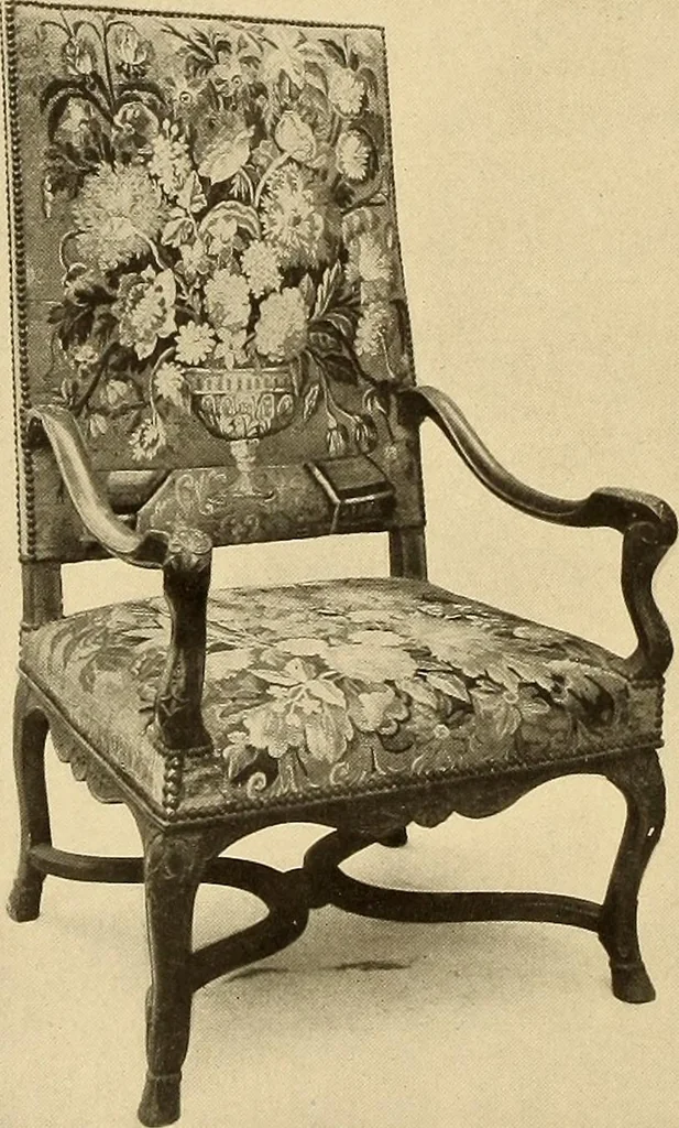 An illustration from Decorative textiles; an illustrated book on coverings for furniture, walls and floors, including damasks, brocades and velvets, tapestries, laces, embroideries, chintzes, cretonnes, drapery and furniture trimmings, wall papers, carpets and rugs, tooled and illuminated leathers, 1918, leaf 79